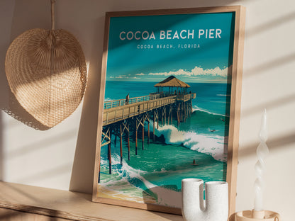 A framed Cocoa Beach Pier poster rests on a shelf, depicting a vibrant ocean scene with a thatched-roof pavilion. A woven basket and a unique candle holder are nearby.
