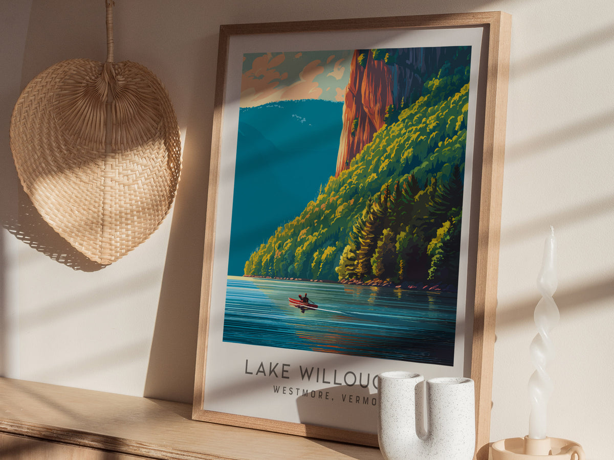 Lake Willoughby Matte Border Poster | Westmore, Vermont Destination Print — styled in a modern interior