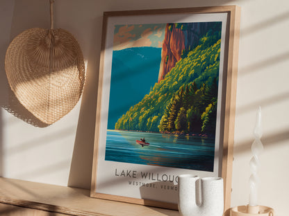 Lake Willoughby Matte Border Poster | Westmore, Vermont Destination Print — styled in a modern interior