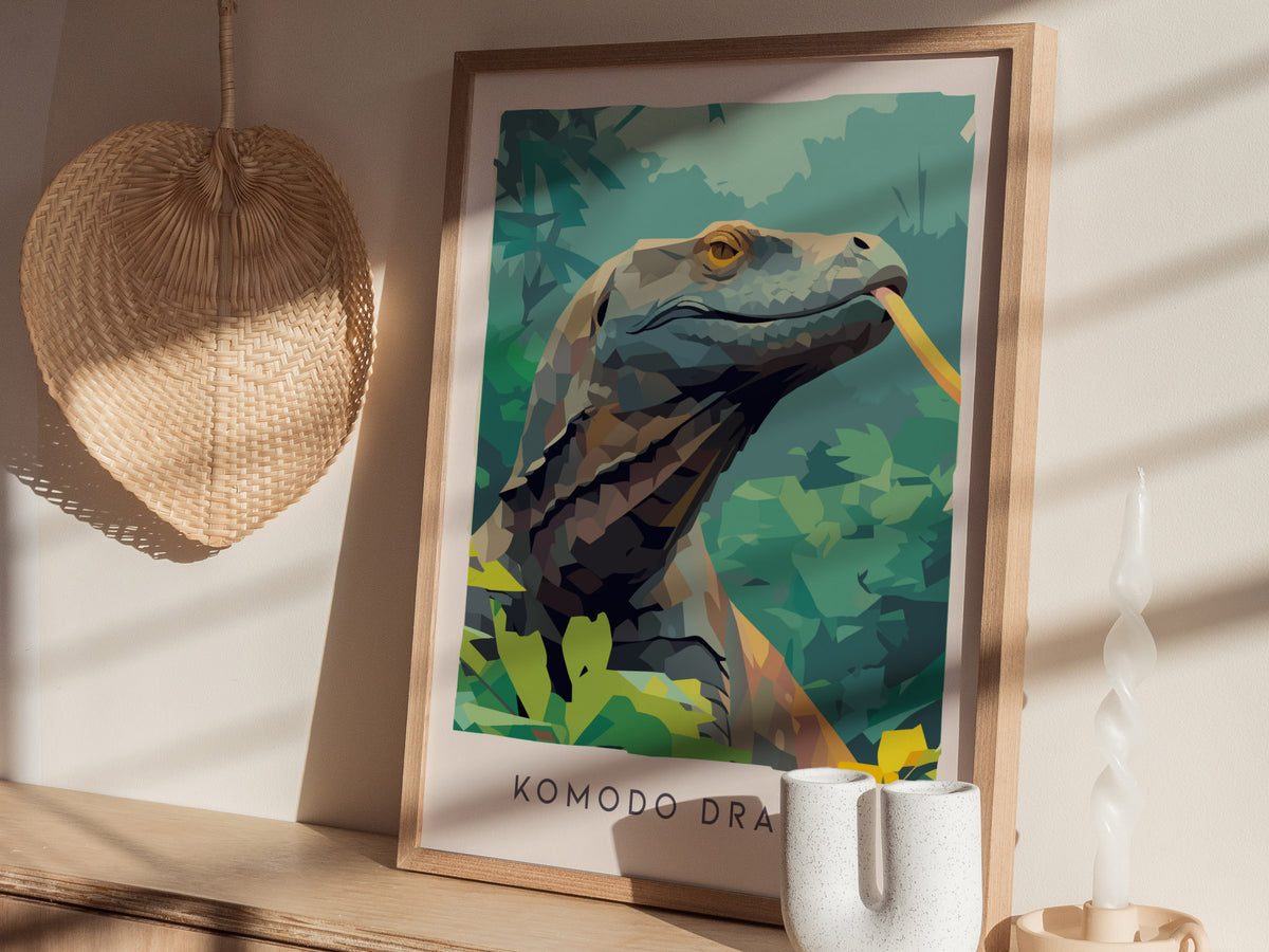 Komodo Dragon Poster | Ancient Reptile Wildlife Wall Art — styled in a modern interior