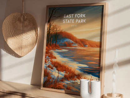 East Fork State Park, Ohio Poster | Lakeside Serenity & Rolling Hills Wall Art — styled in a modern interior