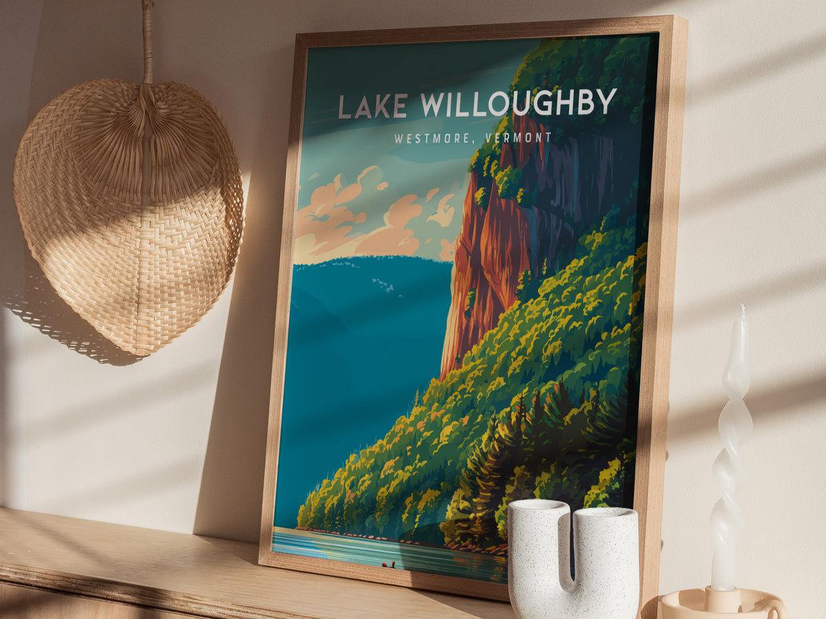Lake Willoughby, Westmore, Vermont Poster | Scenic Mountain Lake Travel Wall Art — styled in a modern interior
