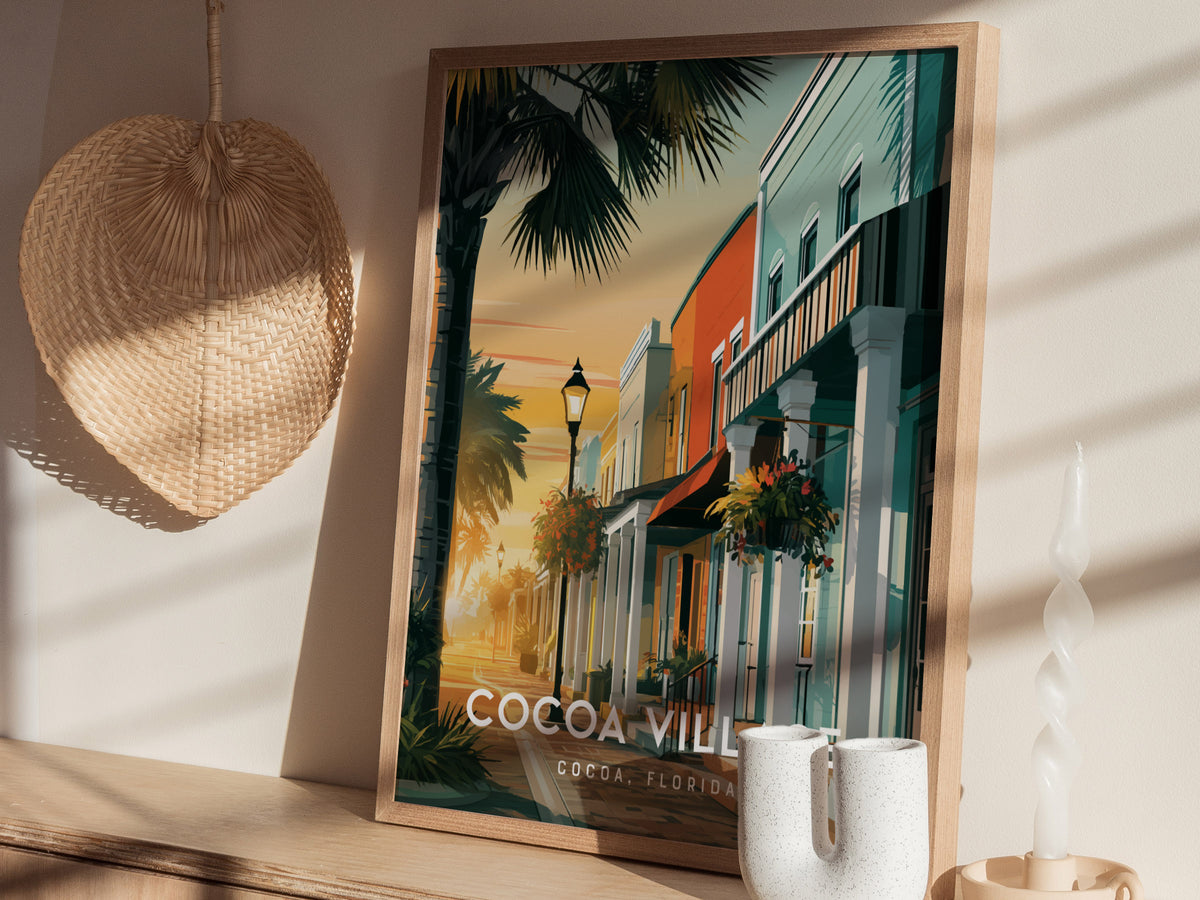 Cocoa Village, Florida Poster | Cocoa, Florida | Charming Riverfront Downtown Wall Art — styled in a modern interior