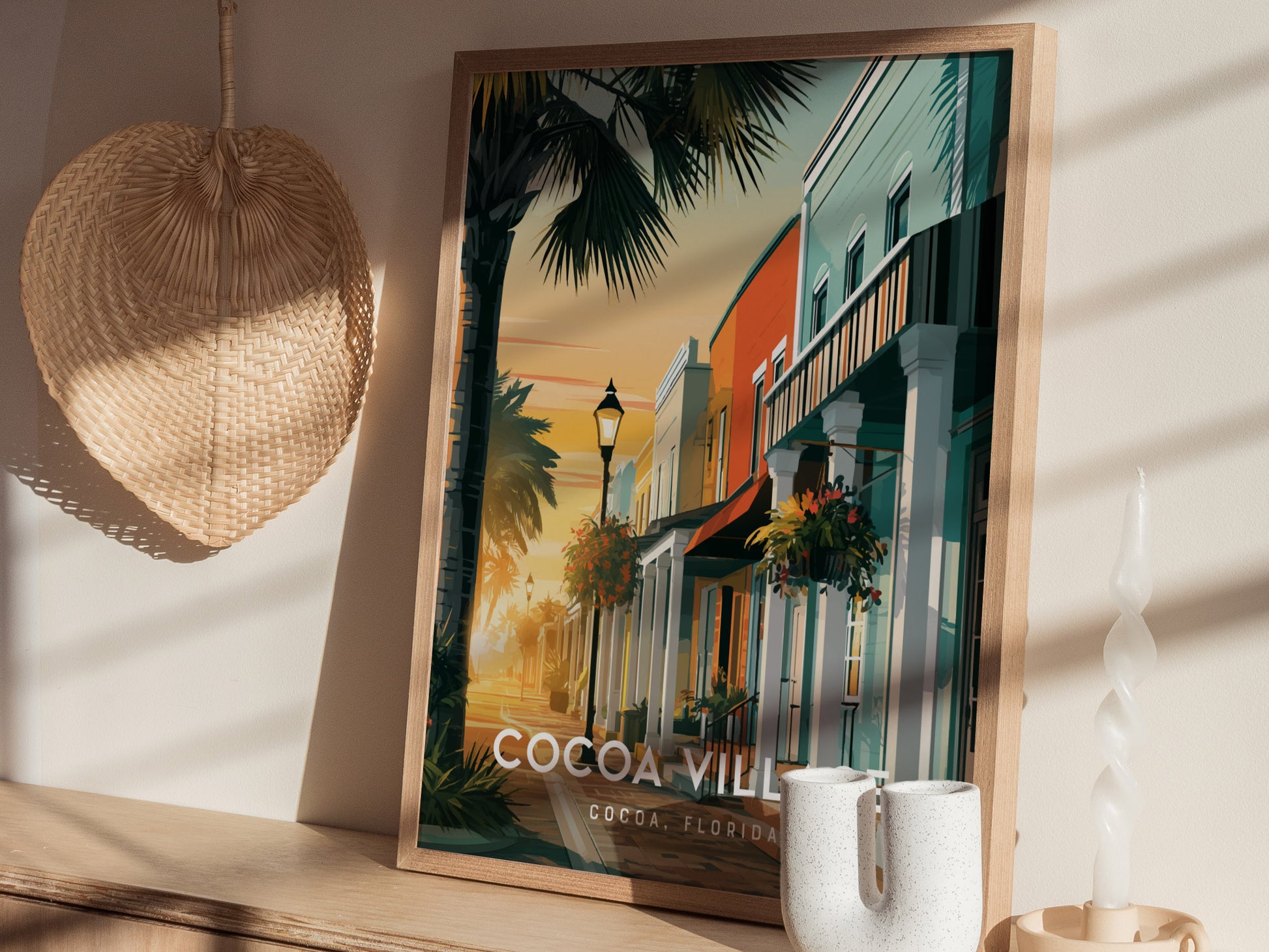 Cocoa Village, Florida Poster | Cocoa, Florida | Charming Riverfront Downtown Wall Art — styled in a modern interior