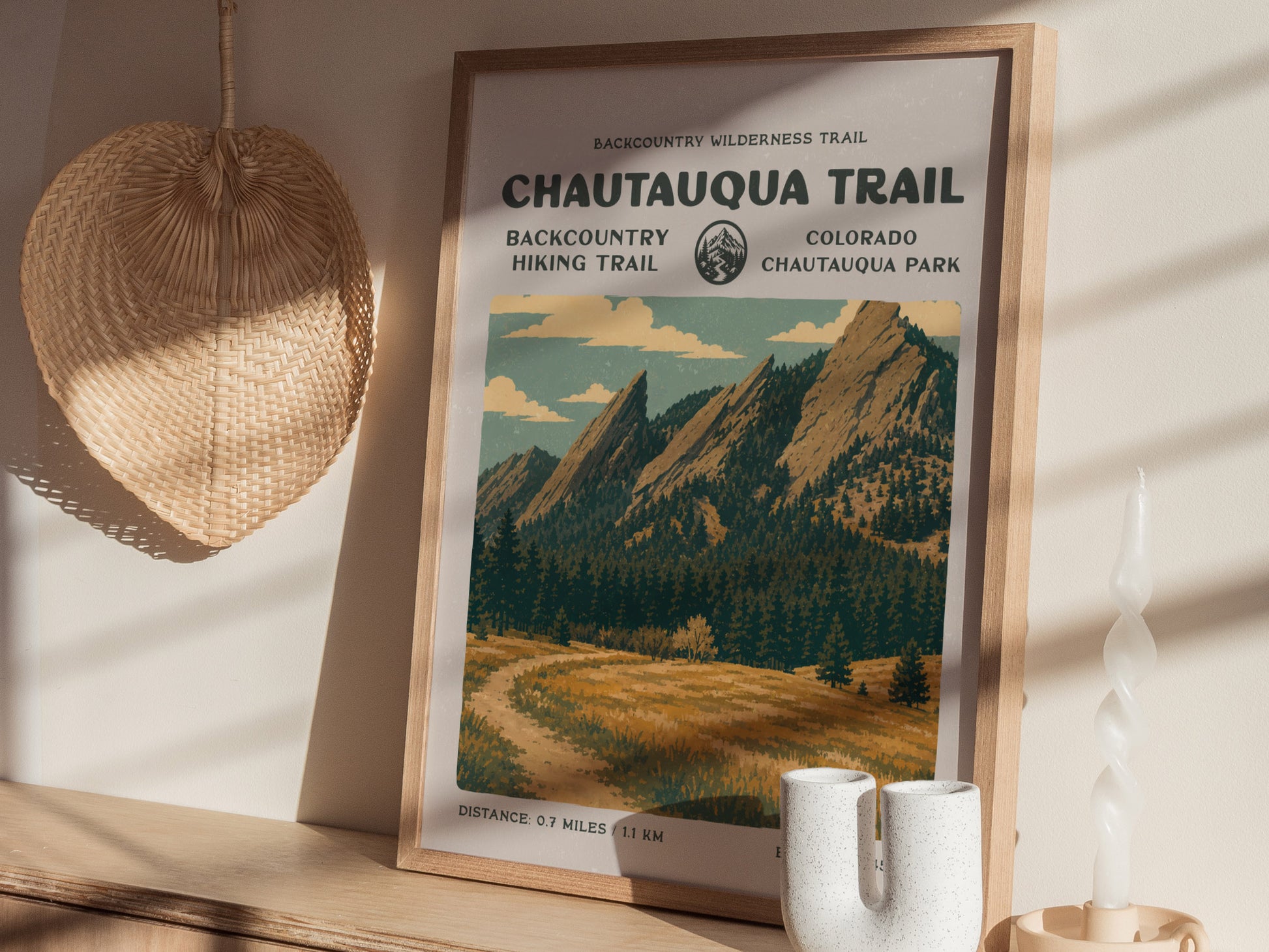 Chautauqua Trail, Boulder Poster | Hiker Gift | Flatirons Backcountry Block Print Wall Art — styled in a modern interior