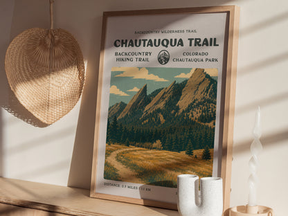 Chautauqua Trail, Boulder Poster | Hiker Gift | Flatirons Backcountry Block Print Wall Art — styled in a modern interior