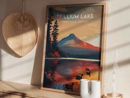 Trillium Lake, Mount Hood, Oregon Poster | Alpine Reflection Destination Print Wall Art — styled in a modern interior