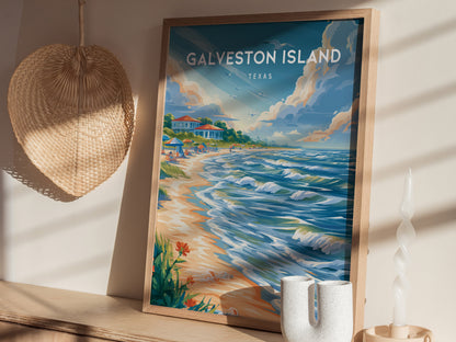 Galveston Island, Texas Poster | Seaside Pier & Gulf Coast Wall Art — styled in a modern interior