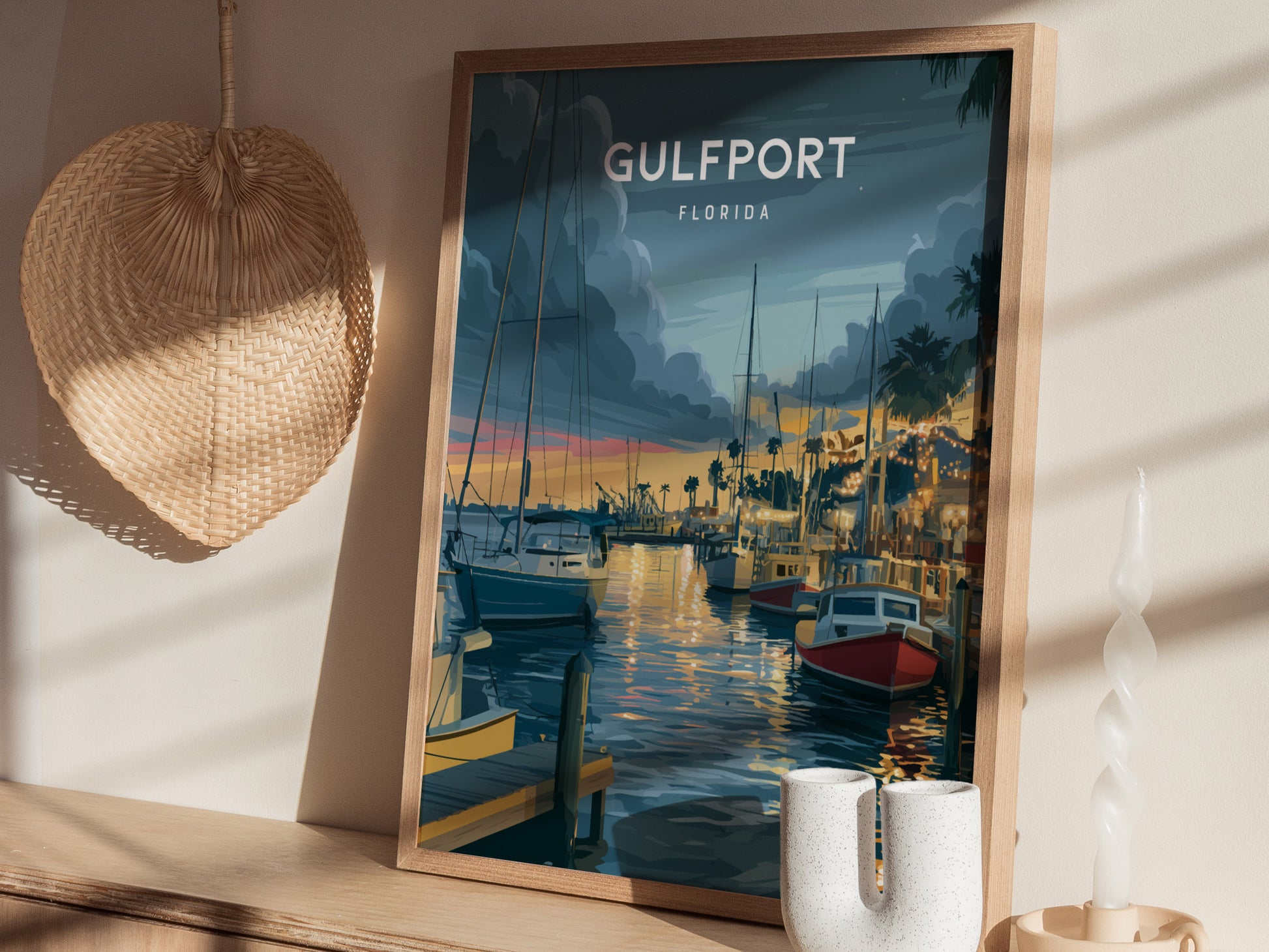 Gulfport, Florida Poster | Charming Waterfront Village Sunset Wall Art — styled in a modern interior