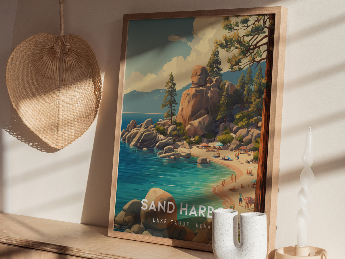 Sand Harbor, Lake Tahoe, Nevada Poster | Turquoise Waters & Granite Shores Wall Art — styled in a modern interior