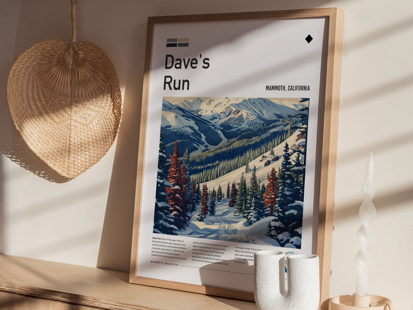 Dave's Run, Mammoth, California Poster | Ski Lodge Decor Mountain Wall Art — styled in a modern interior