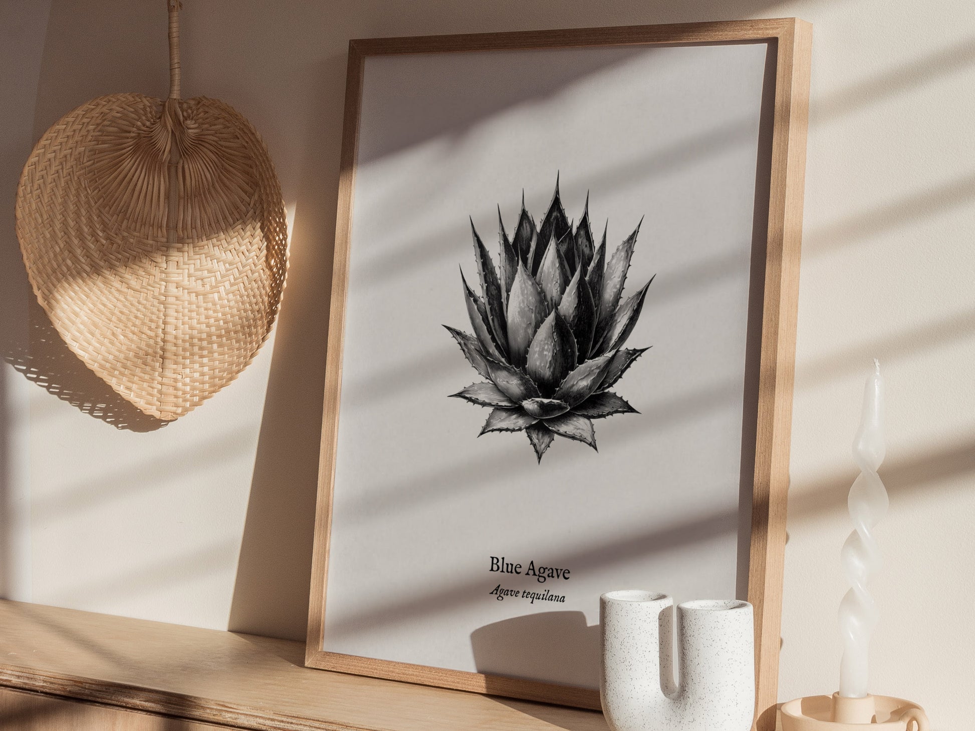 Blue Agave Poster | Vintage Agave Tequilana Botanical Illustration Wall Art — styled in a modern interior