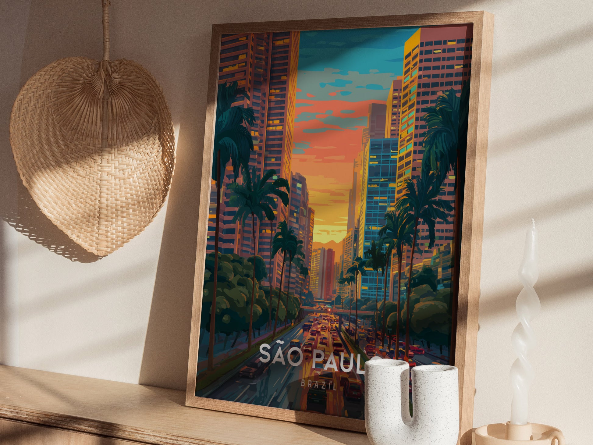 São Paulo, Brazil Poster | Urban Skyline & Tropical Energy Wall Art — styled in a modern interior