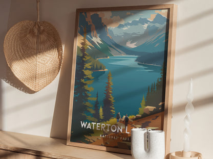 Waterton Lakes, National Park Canada Poster | Mountain Lake Destination Print Wall Art — styled in a modern interior