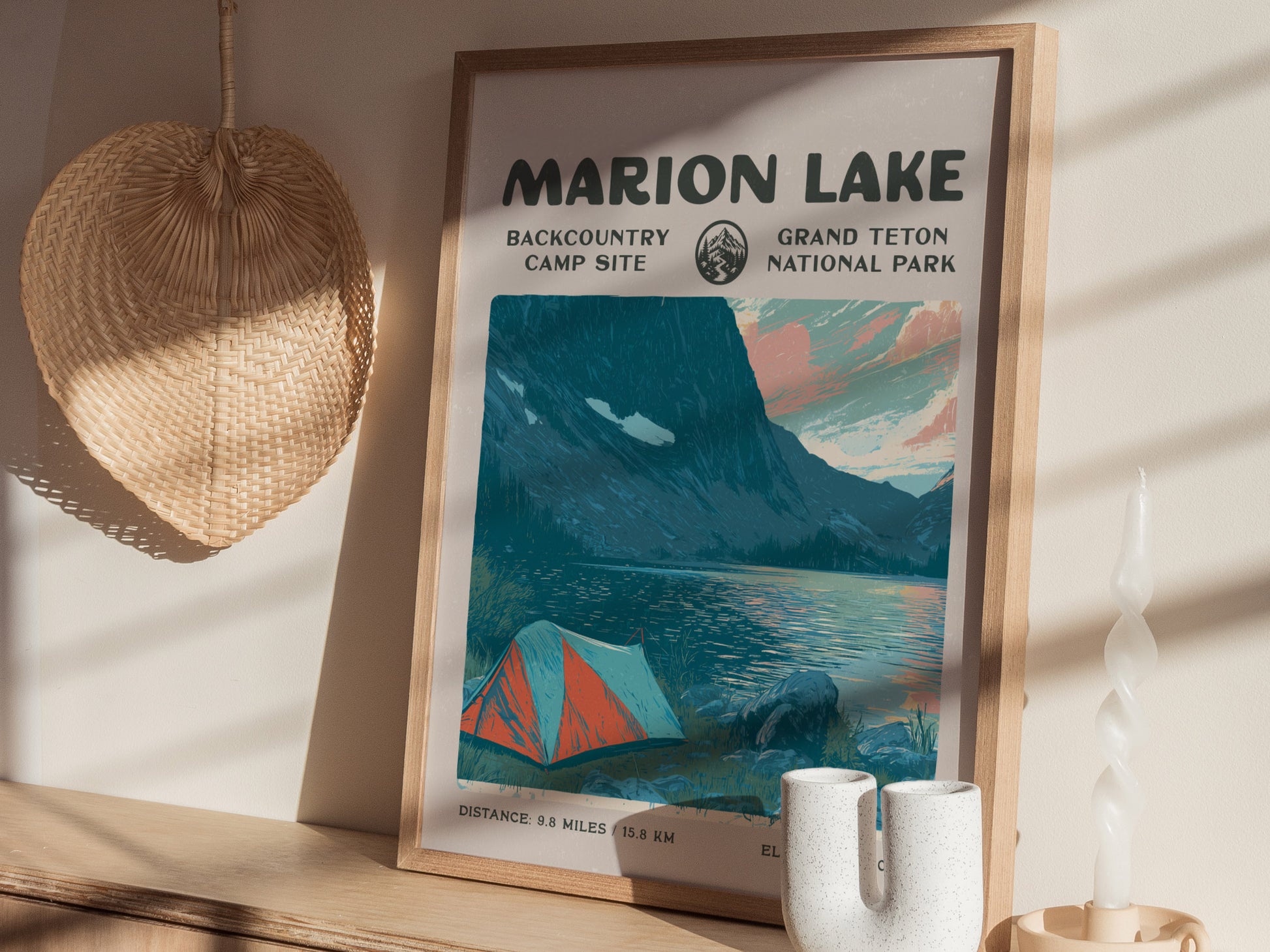 Marion Lake, Grand Teton Poster | Hiker Gift | Alpine Wilderness Backcountry Wall Art — styled in a modern interior