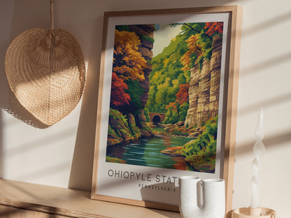 Ohiopyle State Park Matte Border Poster | Pennsylvania Destination Print Travel Wall Art — styled in a modern interior