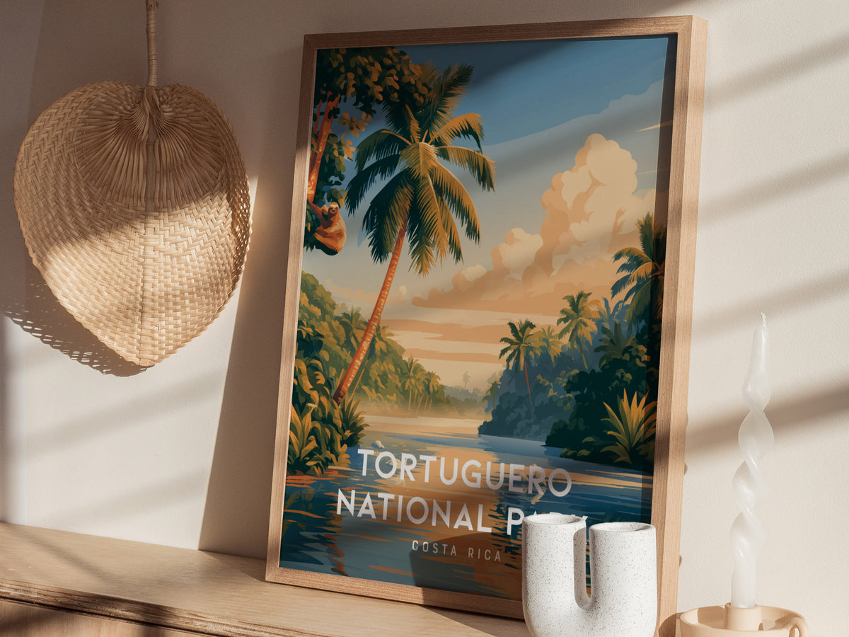Tortuguero National Park, Costa Rica Poster | Sea Turtle & Rainforest Canal Wall Art — styled in a modern interior