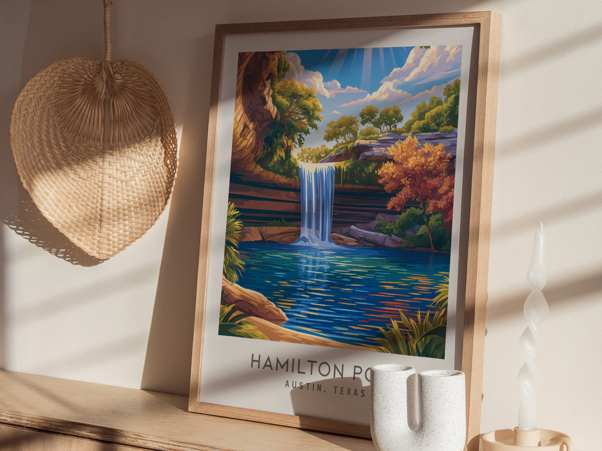 Hamilton Pool Matte Border Poster | Austin, Texas Destination Print & Vacation Wall Art — styled in a modern interior