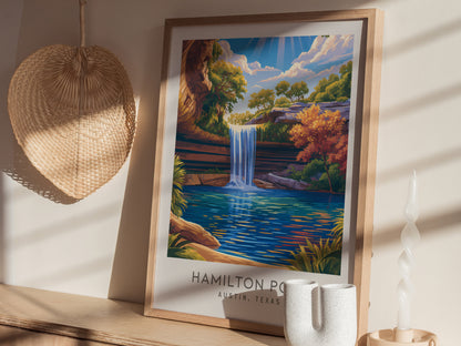 Hamilton Pool Matte Border Poster | Austin, Texas Destination Print & Vacation Wall Art — styled in a modern interior