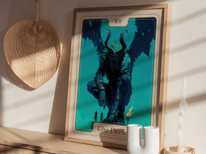 A striking poster featuring a large, mythical figure resembling the Devil, adorned with horns and dark wings, set against a turquoise background.