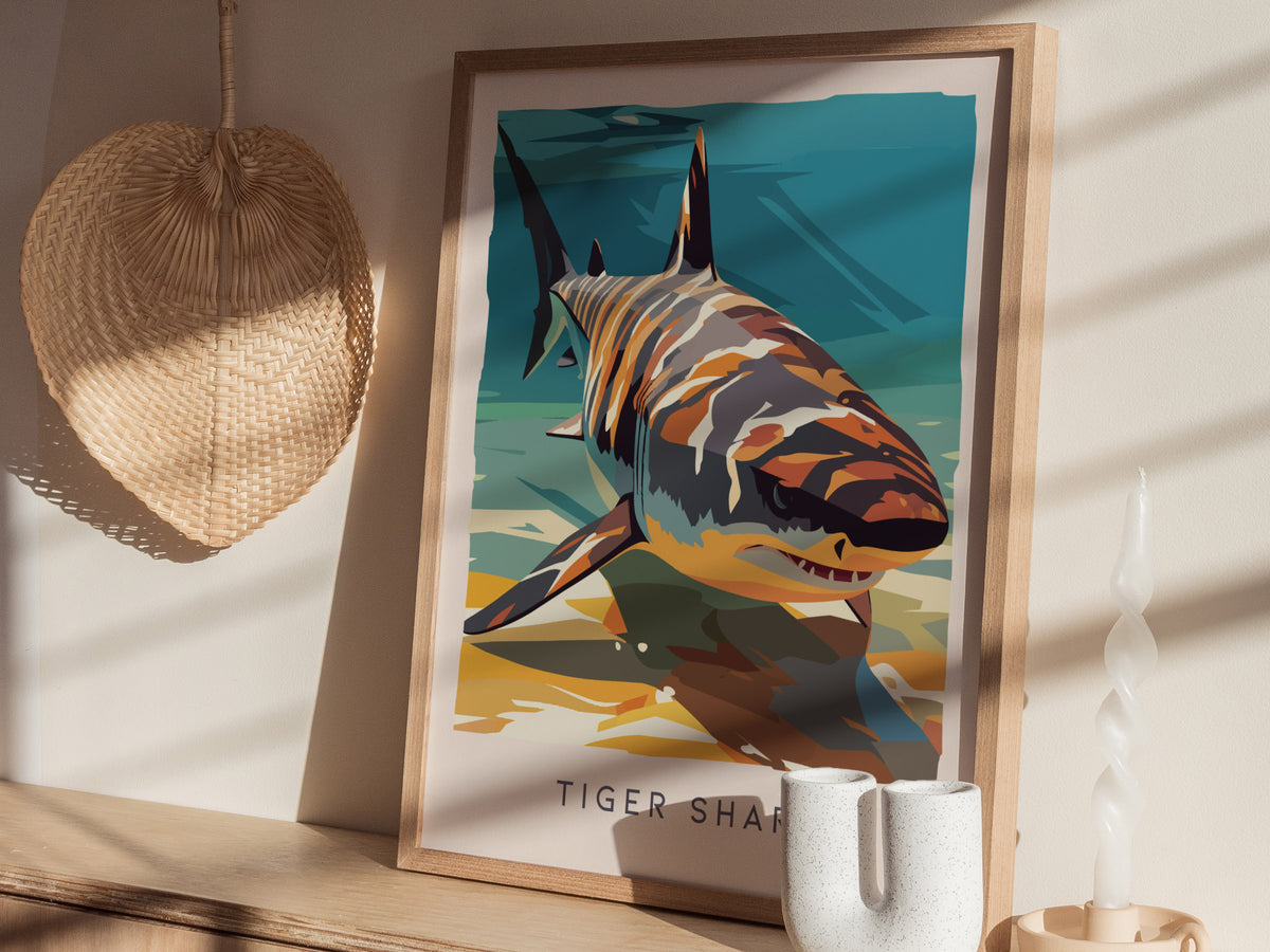 Tiger Shark, Galeocerdo cuvier Poster | Oceanic Predator Wildlife Wall Art — styled in a modern interior