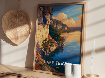 Lake Travis, Texas Poster | Hill Country Lake Sunset Wall Art — styled in a modern interior