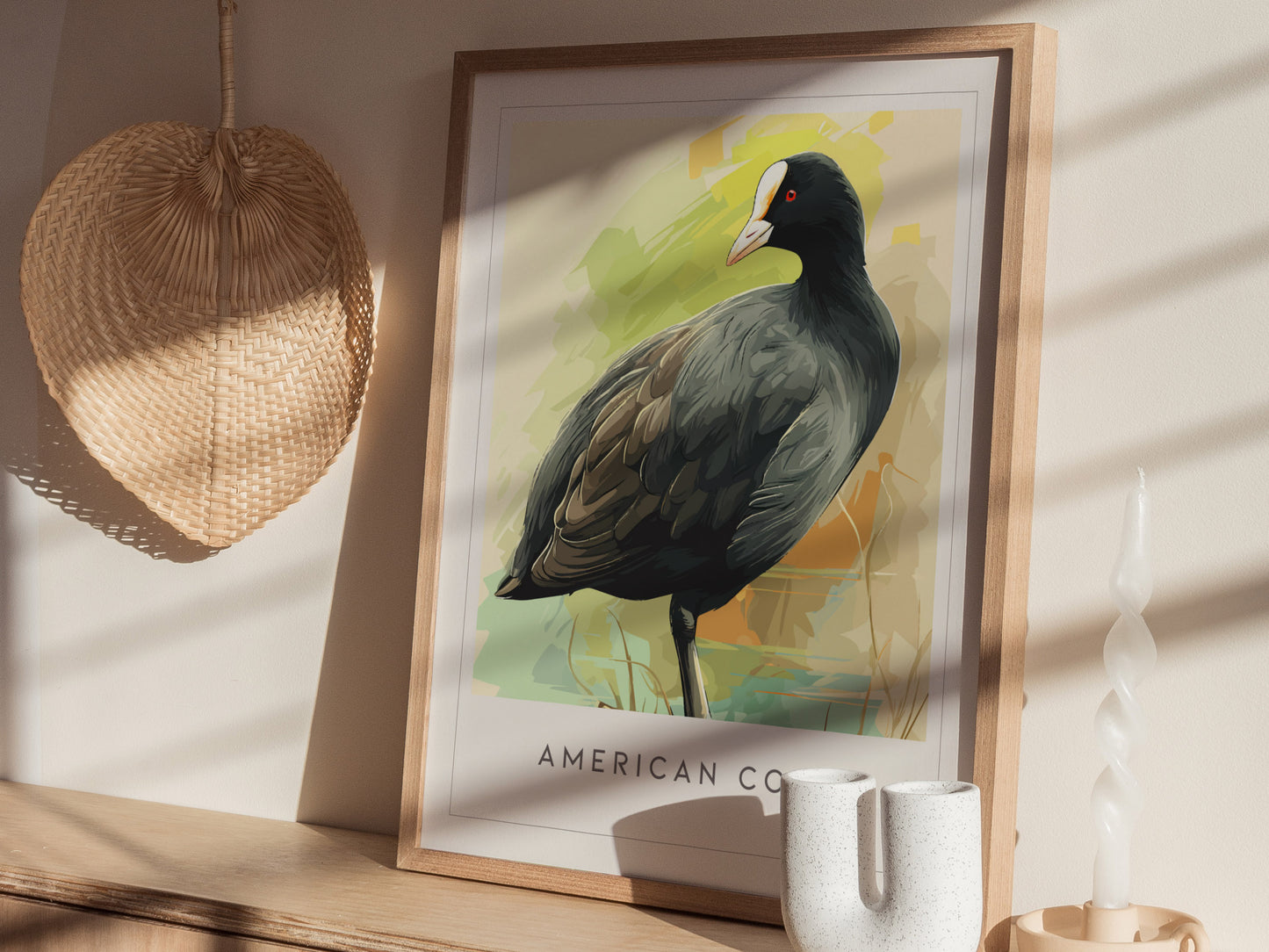 American Coot Poster | Waterbird on a Quiet Marsh Wall Art — styled in a modern interior