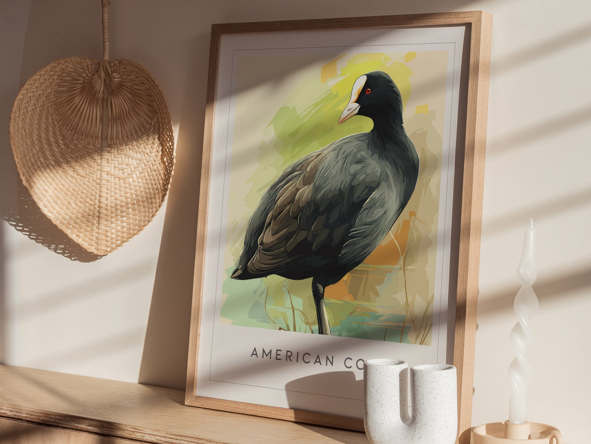 American Coot Poster | Waterbird on a Quiet Marsh Wall Art — styled in a modern interior
