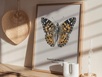 Painted Lady Butterfly Poster | Vintage Vanessa cardui Zoological Illustration Wall Art — styled in a modern interior