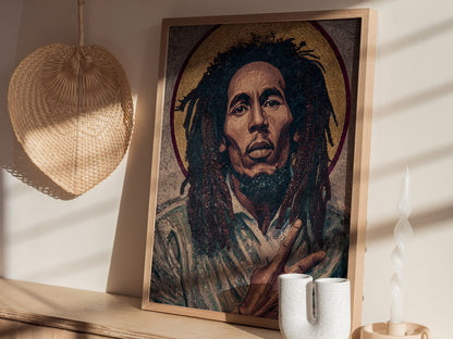 Framed mosaic portrait art of Bob Marley with dreadlocks and a peace sign, featuring earthy tones and intricate textures.