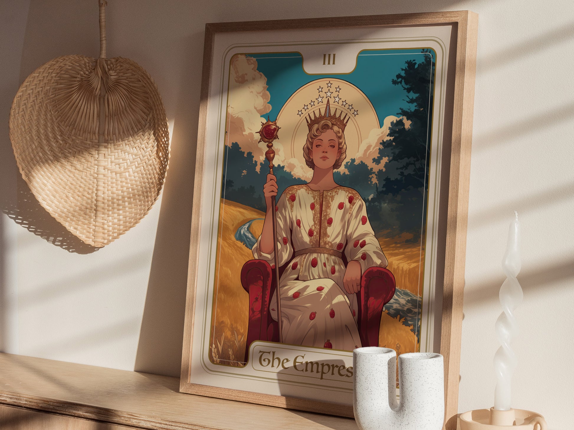 A framed Empress Tarot Card poster is displayed on a wooden shelf, featuring a regal figure in a natural setting. Nearby are a woven fan and a twisted white candle.