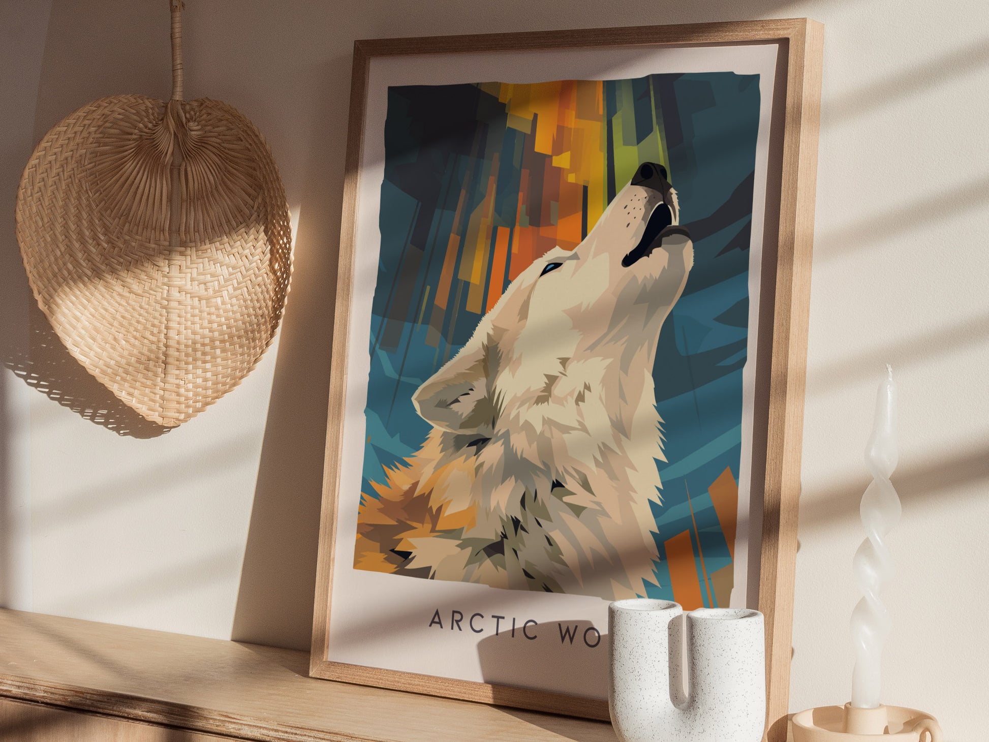 Arctic Wolf Poster | Majestic Winter Wilderness Wildlife Wall Art — styled in a modern interior