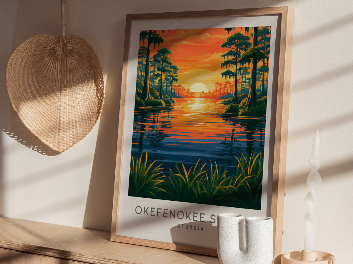 Okefenokee Swamp Matte Border Poster | Georgia Vacation Wall Art Framed or Unframed — styled in a modern interior