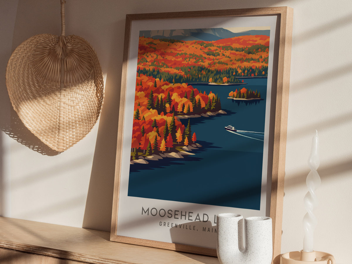Moosehead Lake Matte Border Poster | Greenville, Maine Destination Print Travel Wall Art — styled in a modern interior