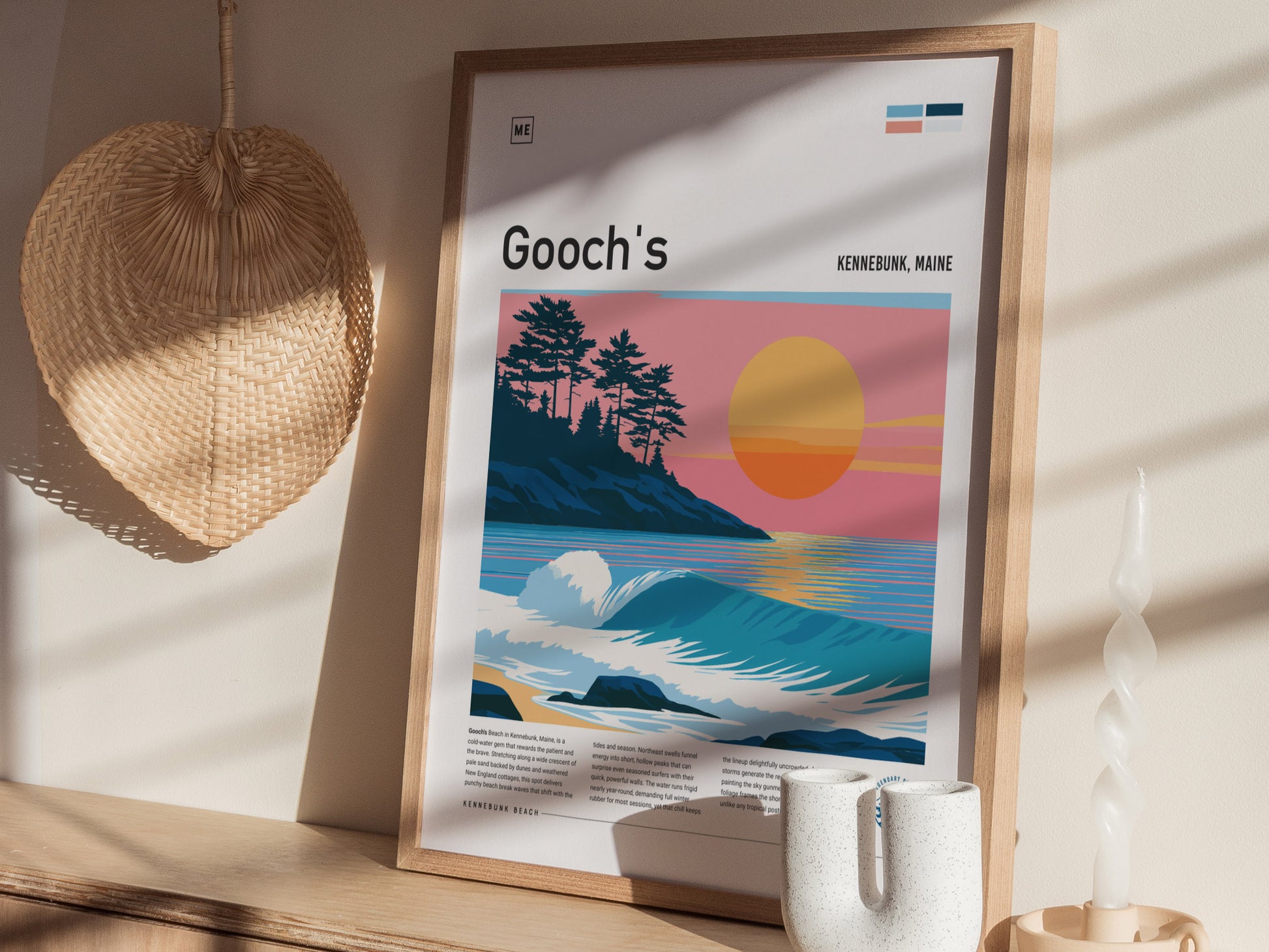 Gooch's Beach, Kennebunk, Maine Poster | Rocky Shore & Rolling Waves Wall Art — styled in a modern interior