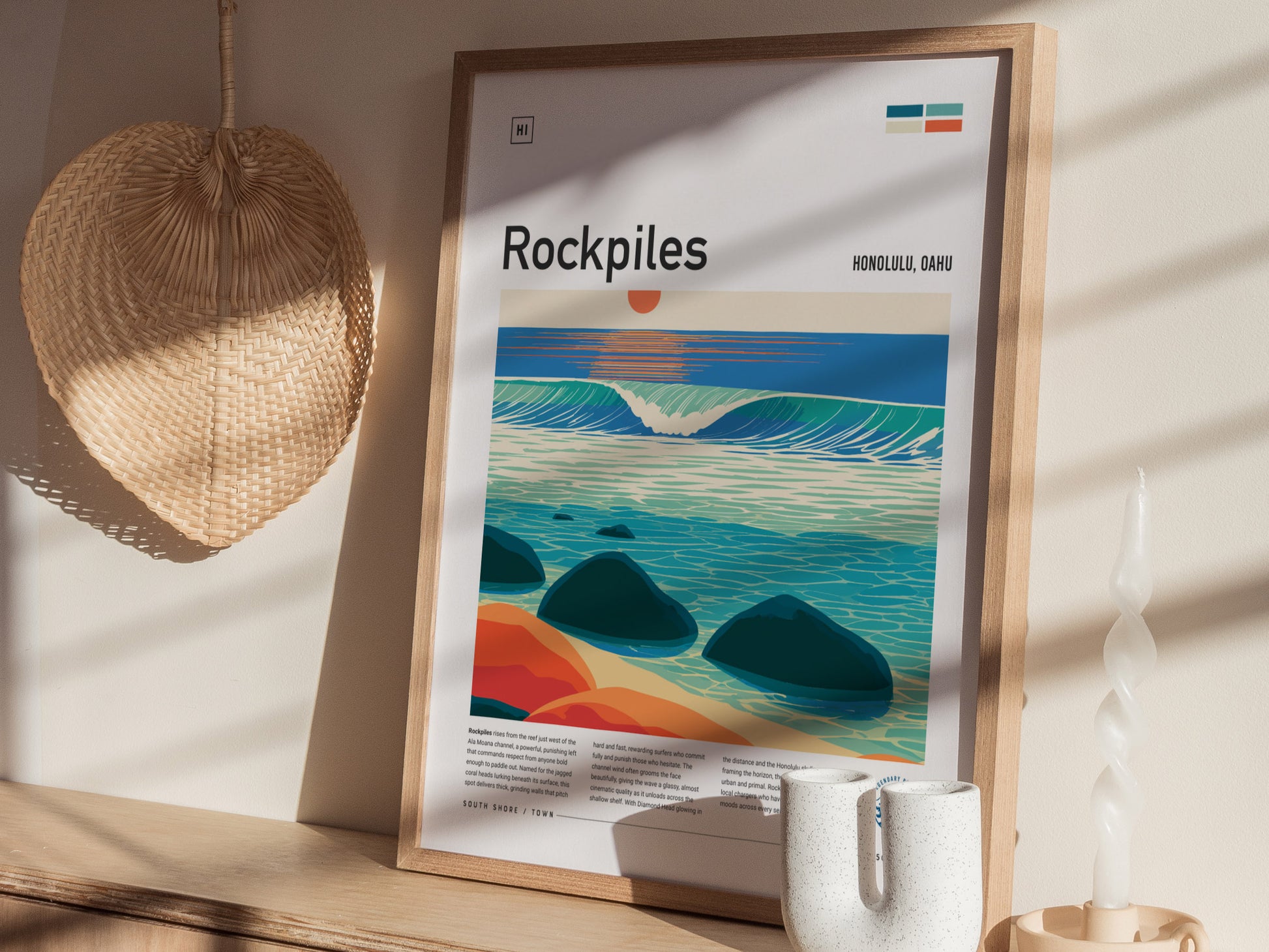 Rockpiles, Hawaii Poster | Golden Hour North Shore Surf Wall Art — styled in a modern interior