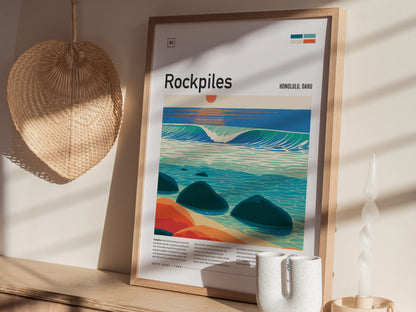 Rockpiles, Hawaii Poster | Golden Hour North Shore Surf Wall Art — styled in a modern interior