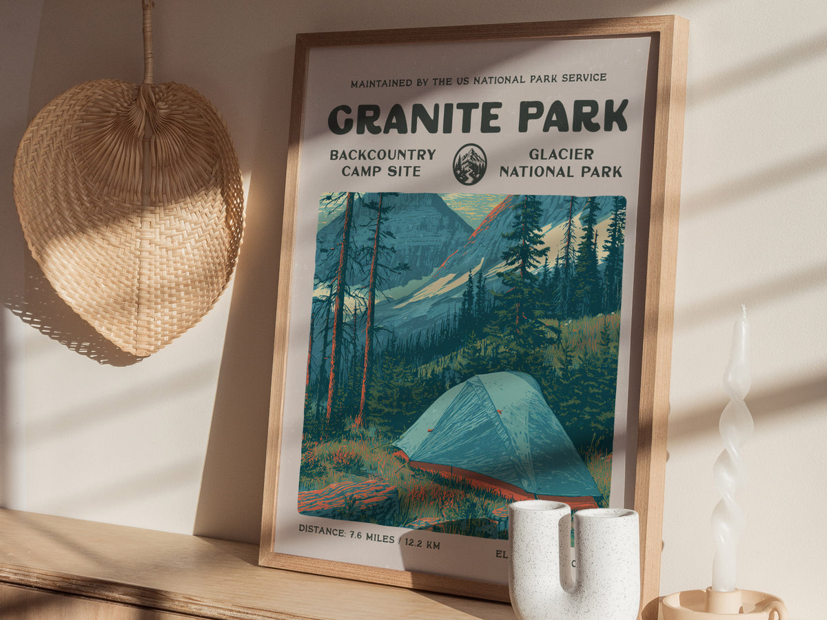 Granite Park, Glacier National Park Poster | Hiker Gift | Backcountry Trail Wall Art — styled in a modern interior