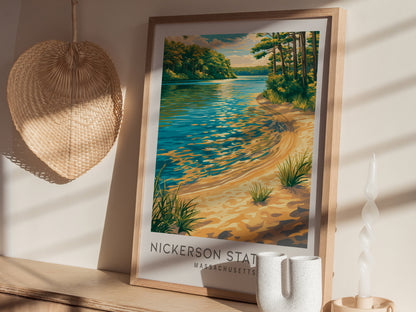 Nickerson State Park Matte Border Poster | Massachusetts Destination Print Travel Wall Art — styled in a modern interior
