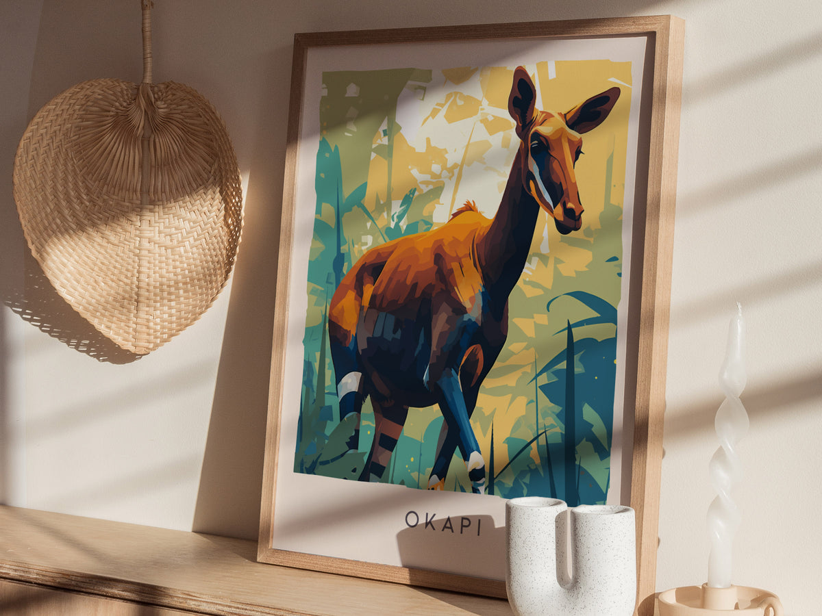 Okapi, Okapia johnstoni Poster | Rainforest Wildlife Wall Art — styled in a modern interior
