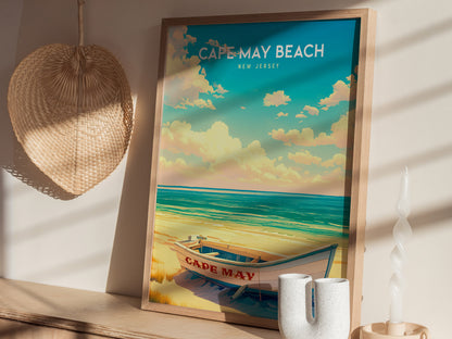 Cape May Beach, New Jersey Poster | Victorian Shore & Sunset Coastal Beach Decor — styled in a modern interior