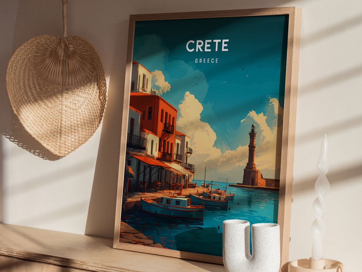 Crete, Greece Poster | Mediterranean Island Destination Print Wall Art — styled in a modern interior