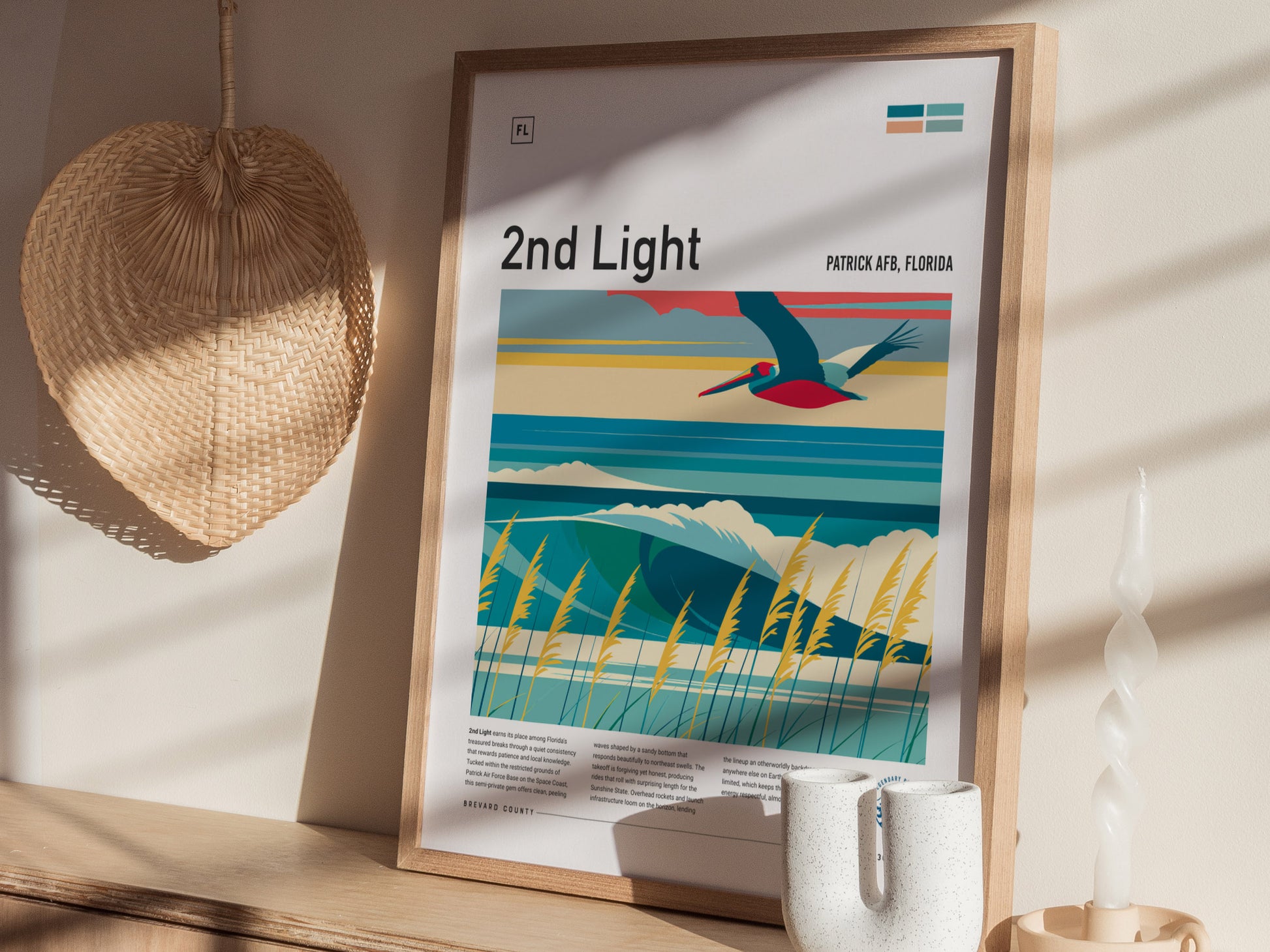 2nd Light, Florida Poster | Golden Surf Break Sunrise Wall Art — styled in a modern interior