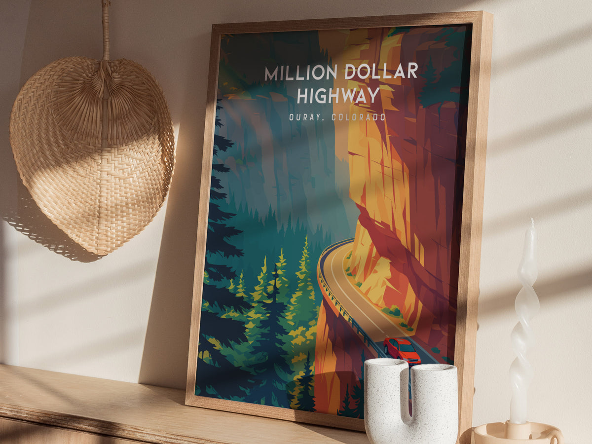 Million Dollar Highway, Ouray, Colorado Poster | Alpine Mountain Pass Travel Wall Art — styled in a modern interior