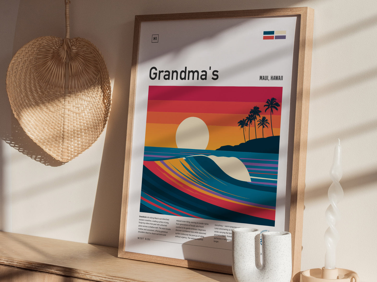 Grandma's, Maui, Hawaii Poster | Tropical Surf Wall Art — styled in a modern interior