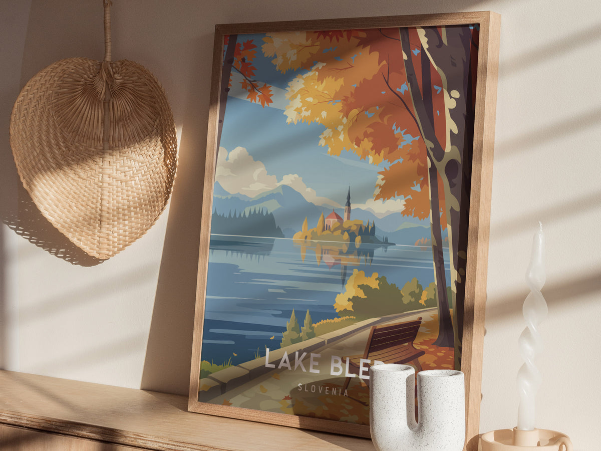 Lake Bled, Slovenia Poster | Alpine Island Church Destination Print Wall Art — styled in a modern interior