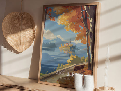 Lake Bled, Slovenia Poster | Alpine Island Church Destination Print Wall Art — styled in a modern interior