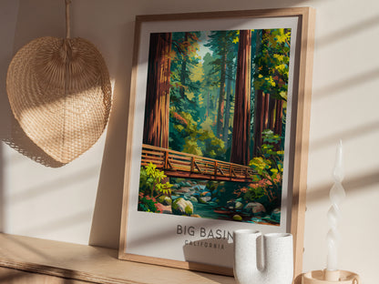 Big Basin Matte Border Poster | California Travel Wall Art Framed or Unframed — styled in a modern interior