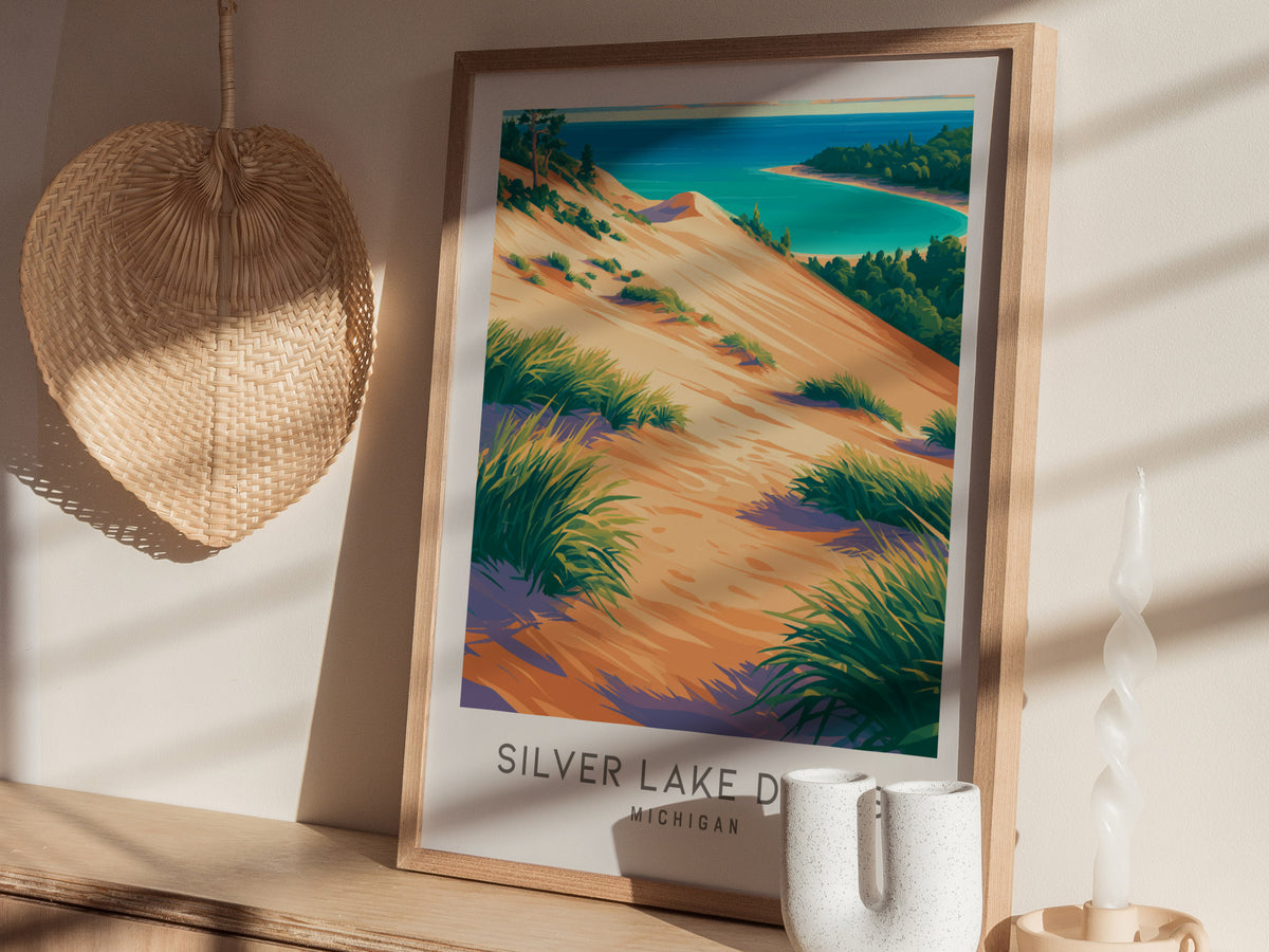 Silver Lake Dunes Matte Border Poster | Michigan Coastal Beach Decor Travel Wall Art — styled in a modern interior