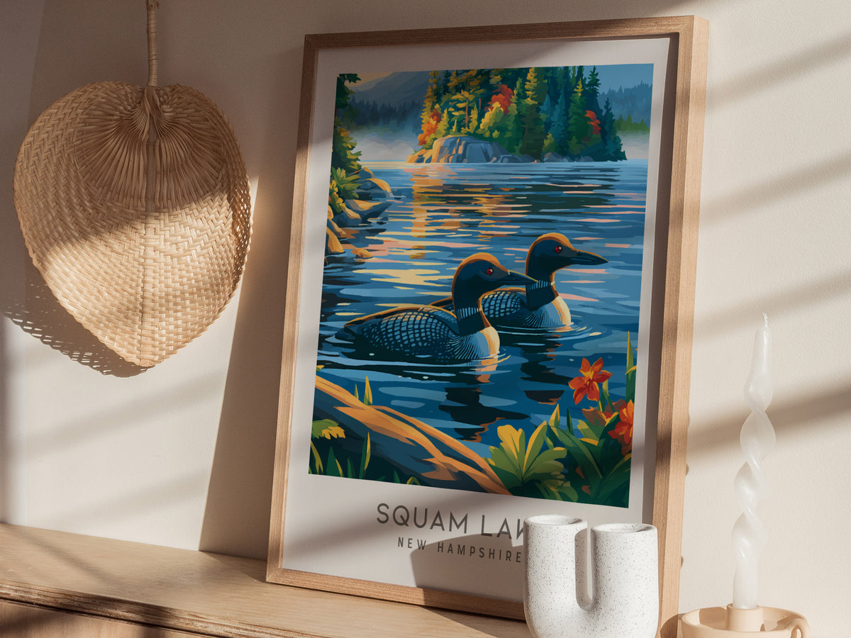 Squam Lake Matte Border Poster | New Hampshire Vacation Wall Art — styled in a modern interior